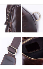 Coffee Leather Sling Bag Men's Coffee Chest Bag Sling Pack Phone One Shoulder Backpack For Men