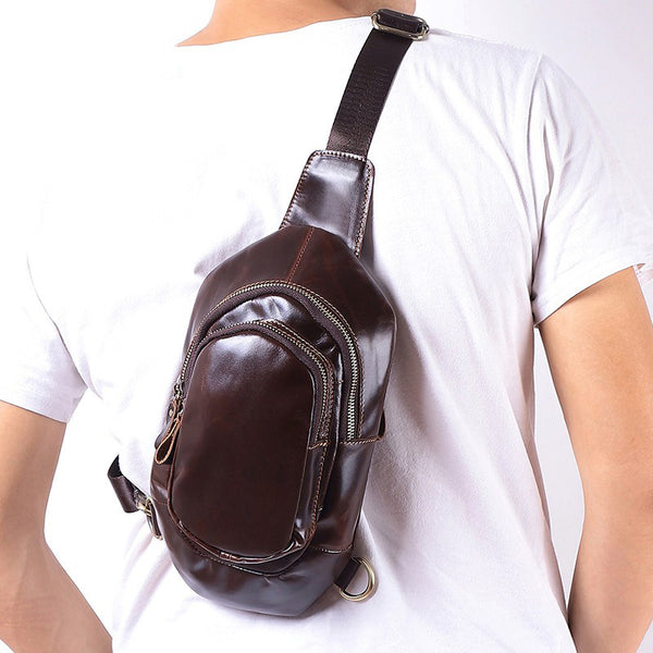 Coffee Leather Sling Bag Men's Coffee Chest Bag Sling Pack Phone One Shoulder Backpack For Men