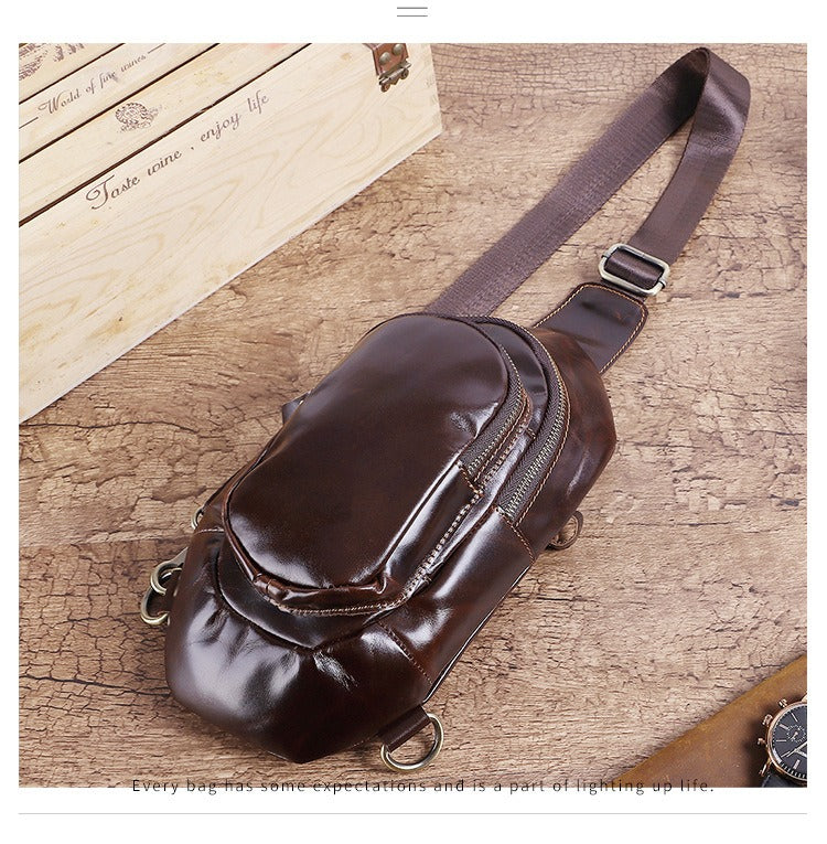 Coffee Leather Sling Bag Men's Coffee Chest Bag Sling Pack Phone One Shoulder Backpack For Men