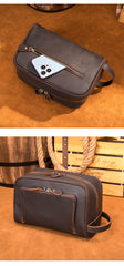 Coffee Men's Toiletry Bag Travel Leather Dopp Kit Double Zipper Puller Clutch For Men