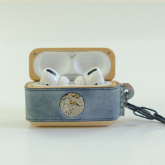 Blue Wood Leather AirPods Pro Case with Clip Leather 1,2 AirPods Case Airpod Case Cover - iwalletsmen