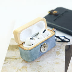 Blue Wood Leather AirPods Pro Case with Clip Leather 1,2 AirPods Case Airpod Case Cover - iwalletsmen
