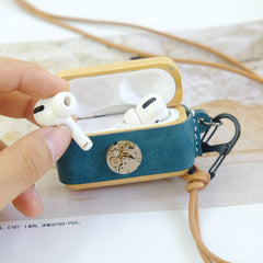 Blue Wood Leather AirPods Pro Case with Clip Leather 1,2 AirPods Case Airpod Case Cover - iwalletsmen