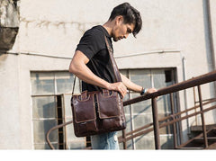 Cool Coffee Leather Mens 13 inches Vertical Briefcase Side Bag Messenger Bags Work Bags Courier Bag for Men - iwalletsmen