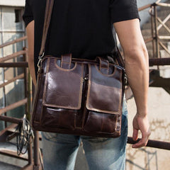 Cool Coffee Leather Mens 13 inches Vertical Briefcase Side Bag Messenger Bags Work Bags Courier Bag for Men - iwalletsmen