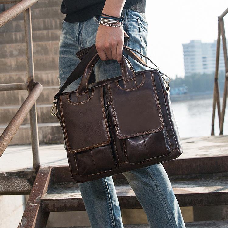 Cool Coffee Leather Mens 13 inches Vertical Briefcase Side Bag
