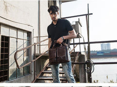 Cool Coffee Leather Mens 13 inches Vertical Briefcase Side Bag Messenger Bags Work Bags Courier Bag for Men - iwalletsmen