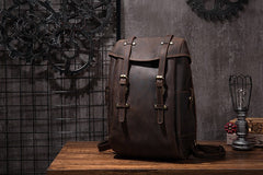 Coffee Cool Mens Leather Hiking Backpack Large Travel Backpack Leather Backpack for Men - iwalletsmen