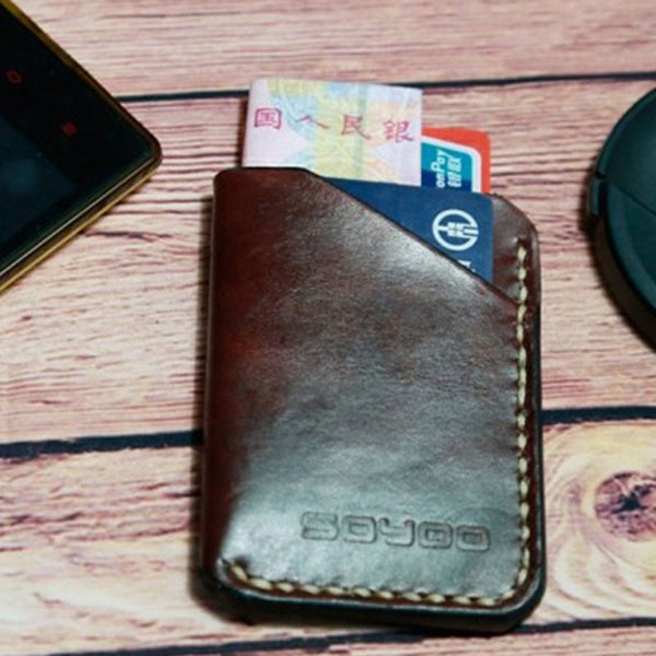 Coffee Leather Mens Slim Front Pocket Wallets Leather Card Wallet for Men - iwalletsmen
