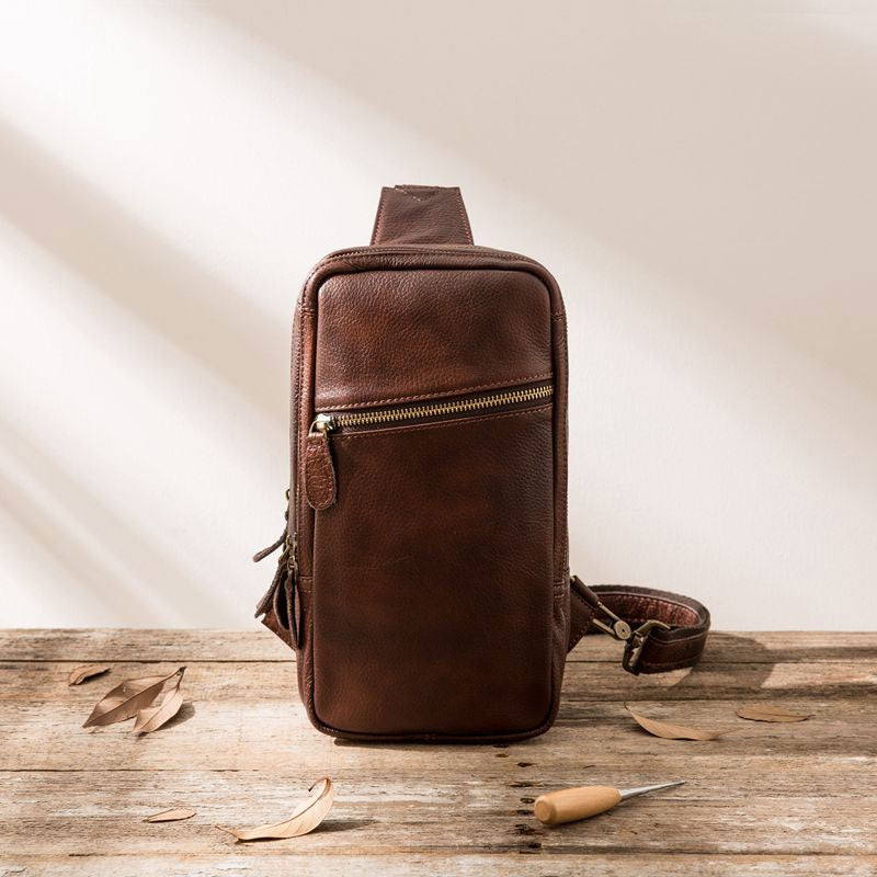 Coffee Leather Mens Sling Bag Sling Shoulder Bag Sling Backpacks for men - iwalletsmen