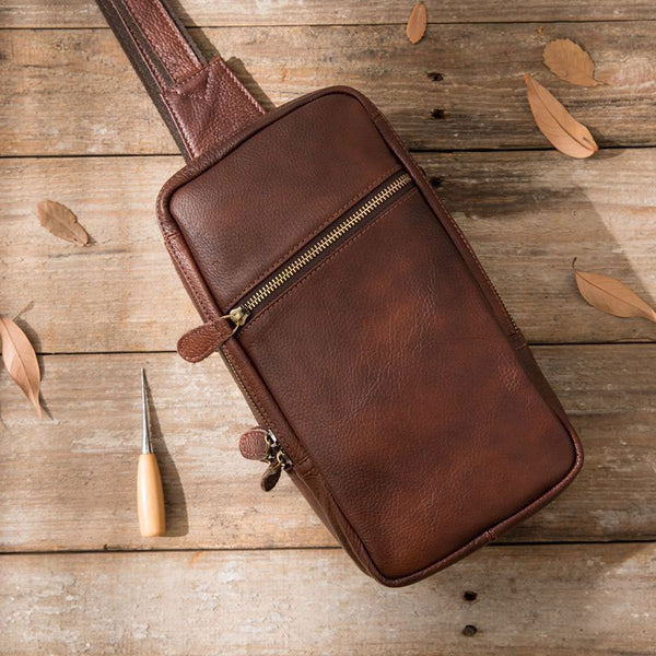 Coffee Leather Mens Sling Bag Sling Shoulder Bag Sling Backpacks for men - iwalletsmen