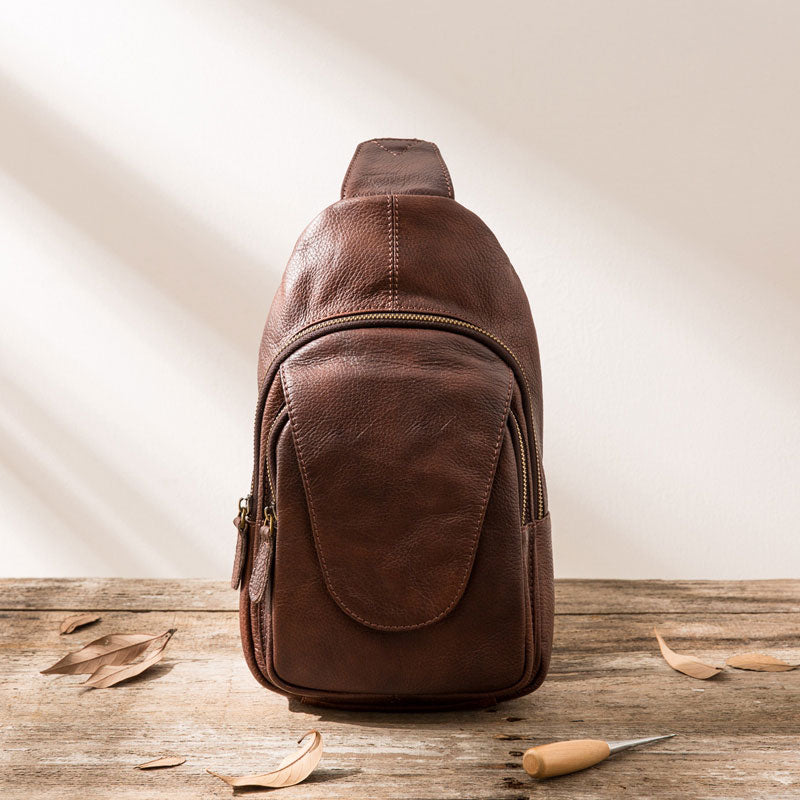 Coffee Leather Mens Sling Bag Sling Shoulder Bags Sling Backpacks for men - iwalletsmen