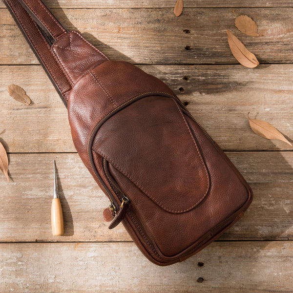 Coffee Leather Mens Sling Bag Sling Shoulder Bags Sling Backpacks for men - iwalletsmen