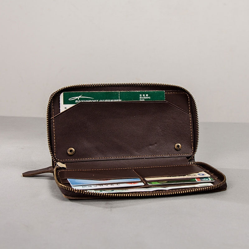 Coffee Leather Mens Zipper Travel Wallet Passport Wallet Clutch Wallets for Men - iwalletsmen
