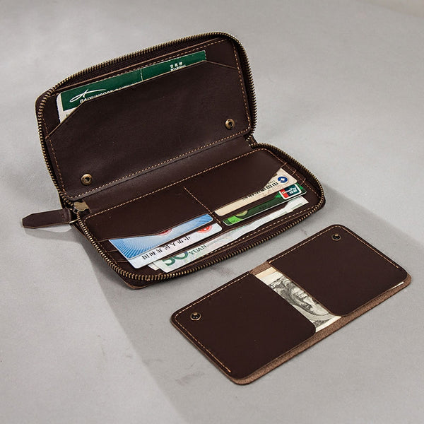 Coffee Leather Mens Zipper Travel Wallet Passport Wallet Clutch Wallets for Men - iwalletsmen