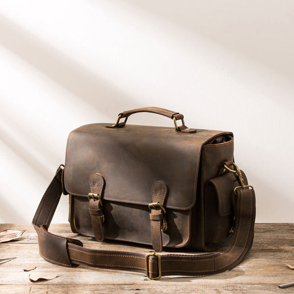 Coffee Vintage Leather Mens Camera Messenger Bag Crossbody Camera Bags for Men - iwalletsmen