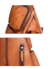 Men's Brown Leather Sling Bag Large Convertible Cool Backpacks Sling Crossbody Pack For Men