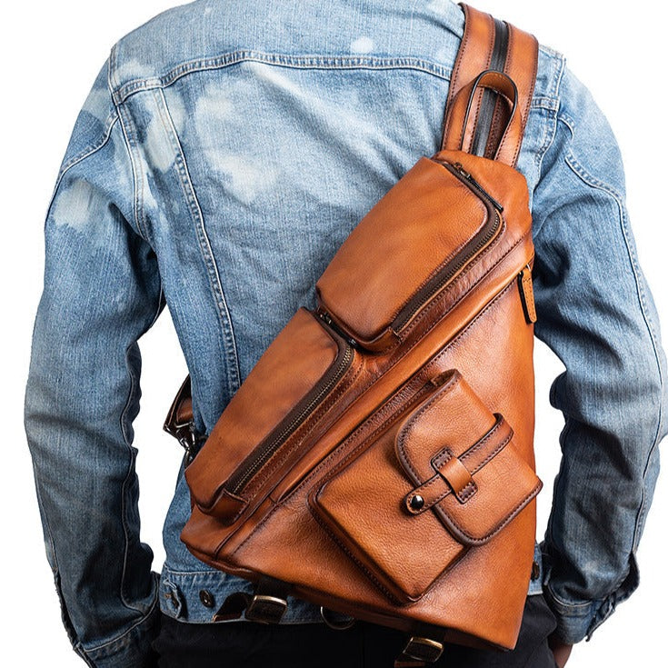 best mens front sling leather backpack Men's Brown Leather Sling Bag Large Convertible Cool Backpacks Sling C – iwalletsmen