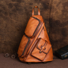 Men's Brown Leather Sling Bag Large Convertible Cool Backpacks Sling Crossbody Pack For Men