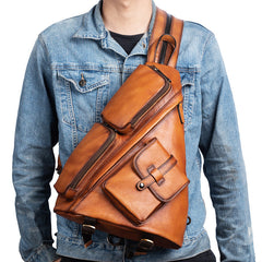 Men's Leather Sling Bag Large Convertible Cool Backpacks Sling Crossbody Pack For Men