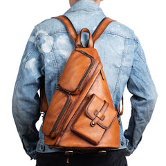 Men's Leather Sling Bag Large Convertible Cool Backpacks Sling Crossbody Pack For Men