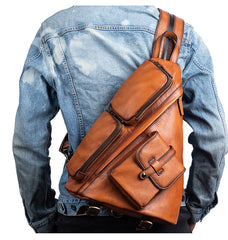 Cool Men's Brown Leather Sling Bag Large Convertible Backpacks Sling Crossbody Pack For Men