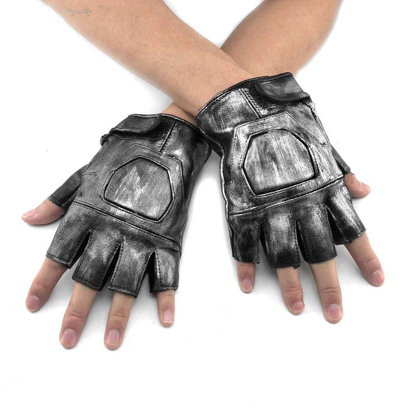 Cool Silver Mens Black Leather Half-Finger Gloves Rock Gloves Fashion Black Motorcycle Gloves Biker Gloves For Men - iwalletsmen