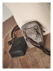 Cool Black Leather Mens Small Messenger Bag Courier Bag Chest Bag Phone Side Bag for men - iwalletsmen