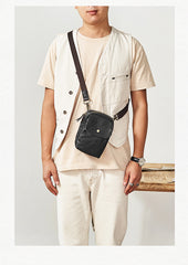 Cool Black Leather Mens Small Messenger Bag Courier Bag Chest Bag Phone Side Bag for men - iwalletsmen
