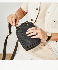 Cool Black Leather Mens Small Messenger Bag Courier Bag Chest Bag Phone Side Bag for men - iwalletsmen