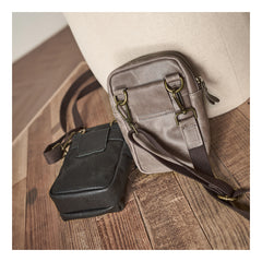 Cool Black Leather Mens Small Messenger Bag Courier Bag Chest Bag Phone Side Bag for men - iwalletsmen