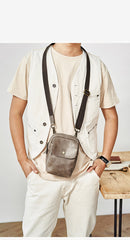 Cool Black Leather Mens Small Messenger Bag Courier Bag Chest Bag Phone Side Bag for men - iwalletsmen