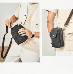 Cool Black Leather Mens Small Messenger Bag Courier Bag Chest Bag Phone Side Bag for men - iwalletsmen