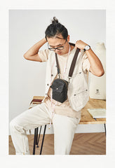 Cool Black Leather Mens Small Messenger Bag Courier Bag Chest Bag Phone Side Bag for men - iwalletsmen