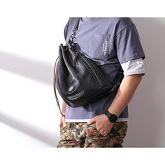 Cool Black Leather Men's Sling Pack Chest Bag One shoulder Backpack Crossbody Pack For Men - iwalletsmen