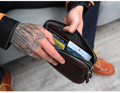 Cool Black Leather Mens Long Wallets Large Double Zipper Clutch Wallet Coffee Vintage Clutch Purse For Men - iwalletsmen