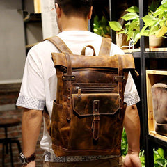 Black Mens Leather 15 inches Large School Laptop Backpack Brown Travel Backpacks for Men - iwalletsmen