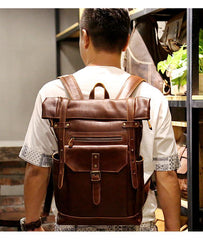 Black Mens Leather 15 inches Large School Laptop Backpack Brown Travel Backpacks for Men - iwalletsmen