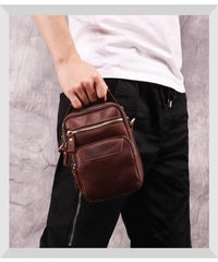 Brown Leather Men's Vertical Small Courier Bag Belt Pouch Mini Messenger Bag Belt Bag For Men - iwalletsmen