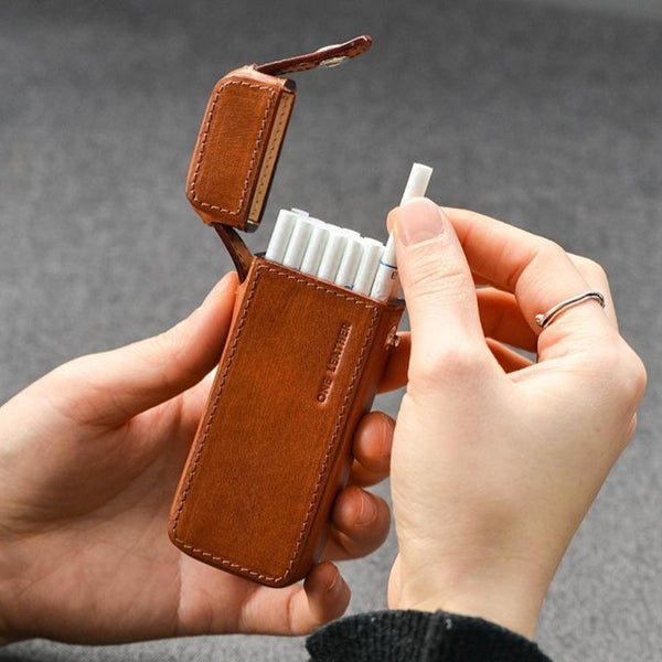 Brown Leather Mens 20pcs 100s Cigarette Holder Case Cool Custom Cigarette Case for Men - iwalletsmen