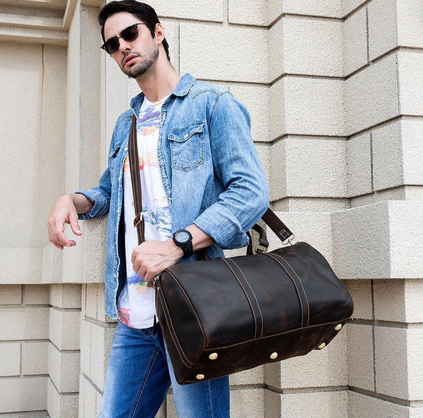 Cool Brown Leather Mens Weekender Bag Dark Coffee Travel Duffle Bag for Men - iwalletsmen