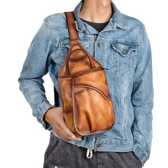 Cool Brown Leather Sling Bag Men's Sling Pack Chest Bag Crossbody Pack For Men