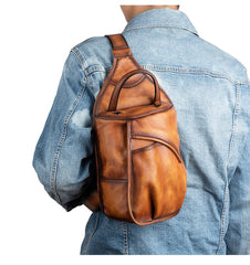 Cool Brown Leather Sling Bag Men's Sling Pack Chest Bag Crossbody Pack For Men