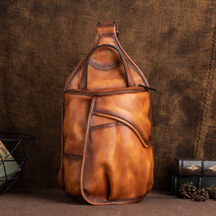 Cool Brown Leather Sling Bag Men's Sling Pack Chest Bag Crossbody Pack For Men