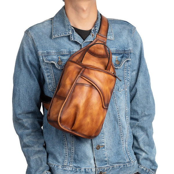Cool Tan Leather Sling Bag Men's Sling Pack Chest Bag Crossbody Pack For Men