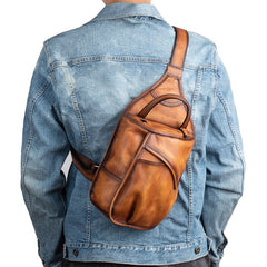 Cool Brown Leather Sling Bag Men's Sling Pack Chest Bag Crossbody Pack For Men