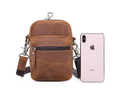 Brown Leather Small Waist Bag Belt Pouch Vertical Mini Shoulder Bag Belt Bag Side Bag For Men - iwalletsmen