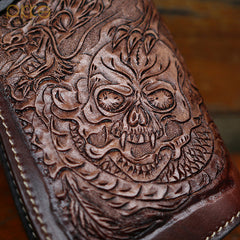 Cool Brown Leather Tooled Biker Wallet Handmade Dragon&Skull Biker Chain Wallet for Men