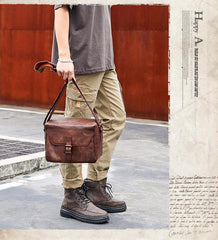 Cool Brown Men Leather Camera Side Bag Tan SLR Camera Leather Cube Messenger bag For Men - iwalletsmen