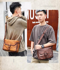 Cool Brown Men Leather Camera Side Bag Tan SLR Camera Leather Cube Messenger bag For Men - iwalletsmen